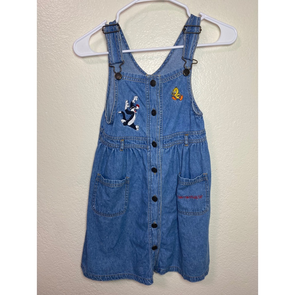 Vintage Looney Tunes Classic Denim Jumper Dress Sylvester Tweety Kids Medium
